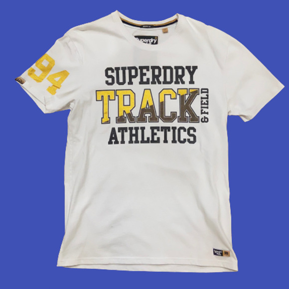Superdry Track & Field White Gold Black Graphic Tee Men's Size Large - Picture 1 of 8